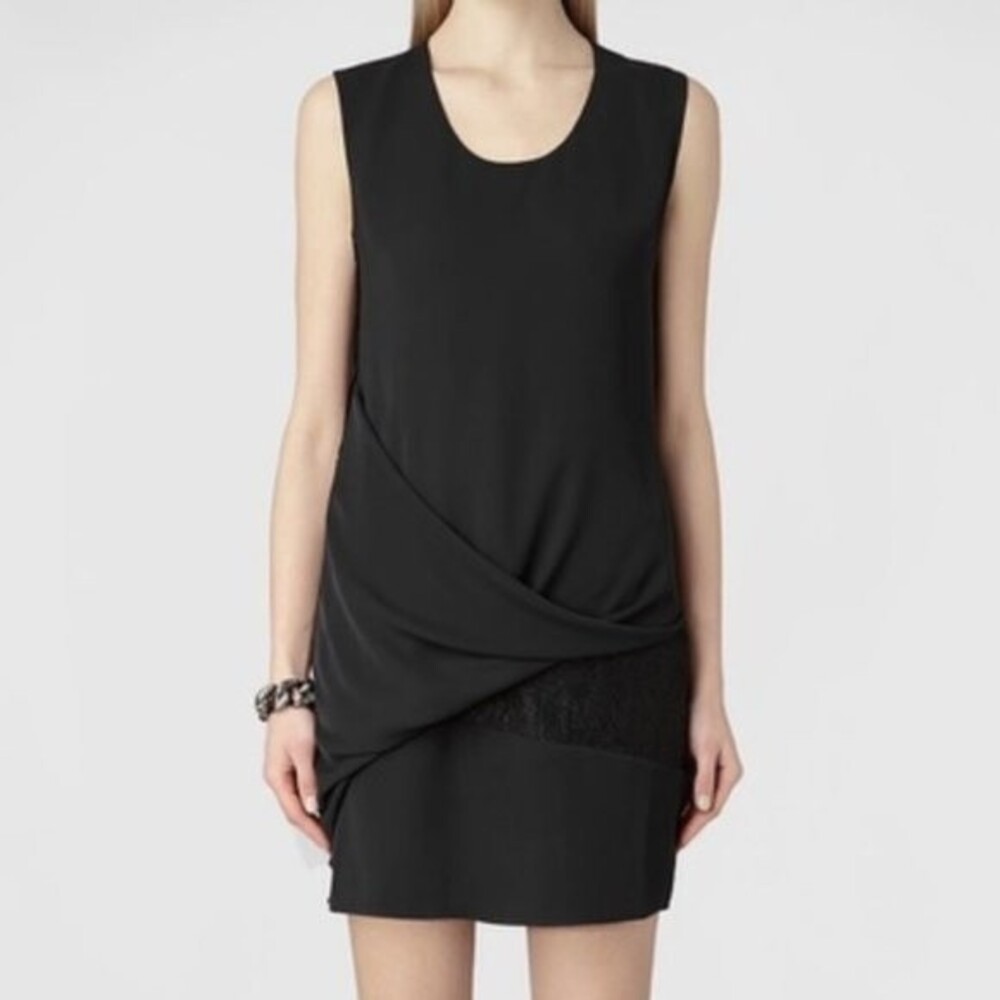 All Saints Safia Draped Lace Panel Black Mini Dress Size 8